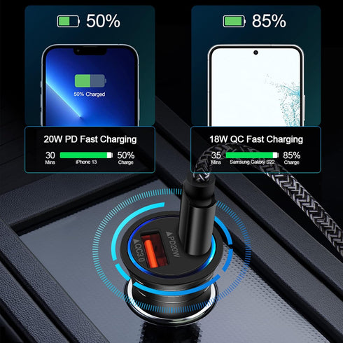 USB C Car Charger, 38W Fast Charge Adapter PD&QC 3.0 Dual Port Cigarette Lighter USB Plug for iPhone 15 14 13 12 11 Pro