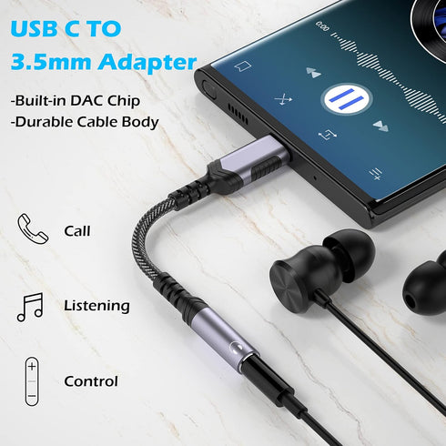 USB C to 3.5mm Audio Headphones Adapter for Samsung Galaxy S24 S23 Ultra S22 Plus S21 S20, Type C to Aux Dongle for
