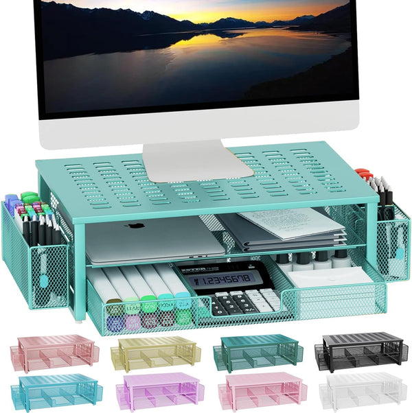 gianotter Monitor Stand with Drawer and Pen Holder, 2-Tier Blue Desk Accessories, Ideal for Office Supplies