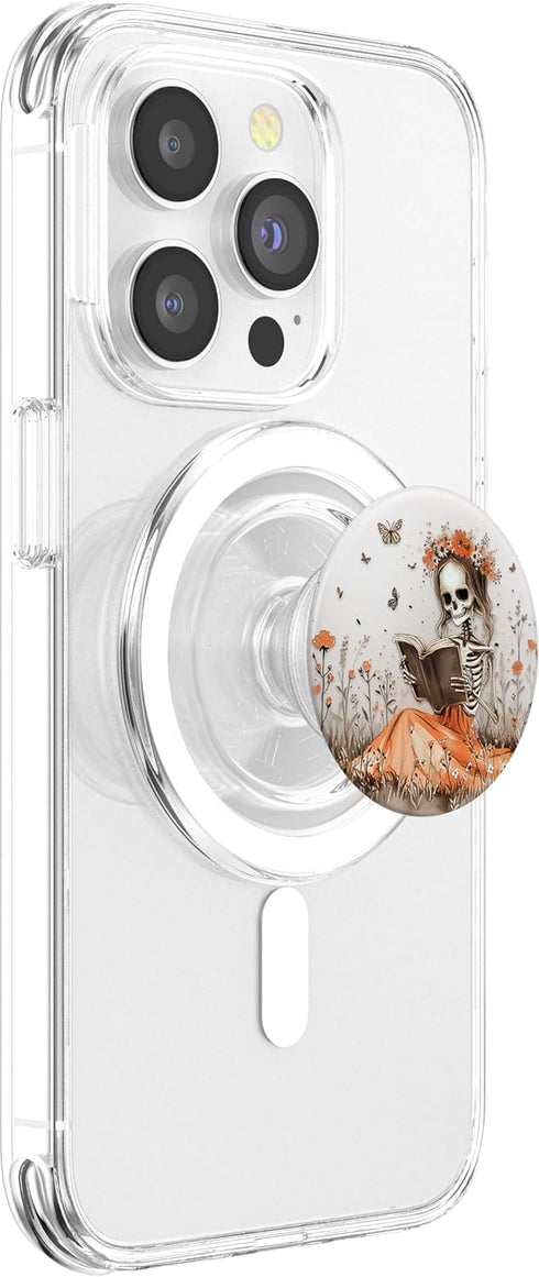 Skeleton Reading Book PopSockets PopGrip for MagSafe, Skull Reader Skeletal Librarian