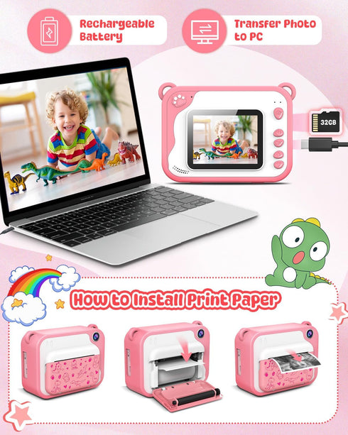 Kids Camera Instant Print 1080p, Dinosaur Toddler Camera, Ink Free Printing for Kids Aged 3-12, Gifts (Pink)