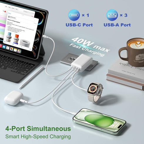 Flat USB C Charger, OKRAY 3-Pack 40W 4-Port Fast Charging Blocks, Foldable Wall Plug QC/PD3.0 Type C Phone Charger