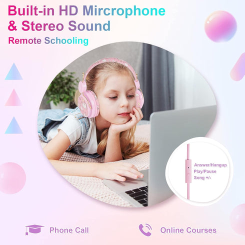 QearFun Unicorn Headphones for Kids - Wired, Noise Cancelling, Adjustable, with Microphone & 3.5mm Jack for