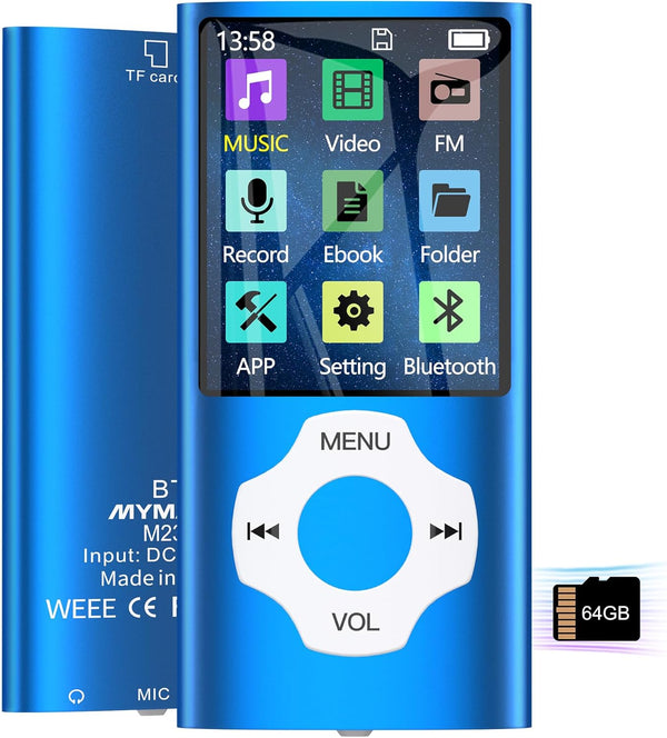 MYMAHDI 64GB MP3 Player with Bluetooth, Pocket 1.8" LCD Screen Music Player Max