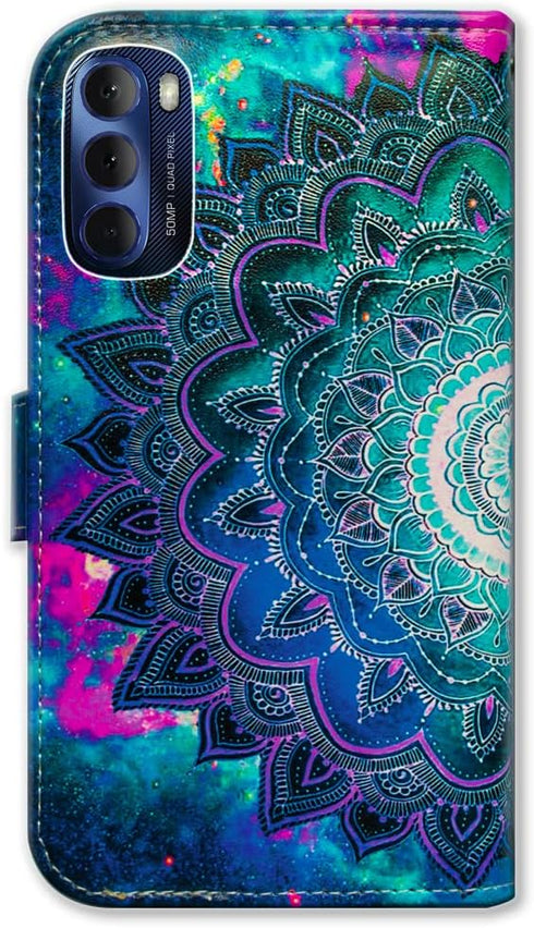 Case for Moto G Stylus 2022, Mandala Flower Space Leather Flip Wallet Cover with Card Slot Holder Kickstand