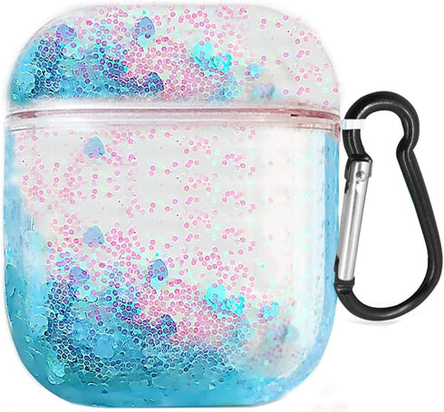 UnnFiko Bling Quicksand Case for AirPods 1 & 2 - Cute Sparkle Liquid Protective Case with Keychain (Blue)