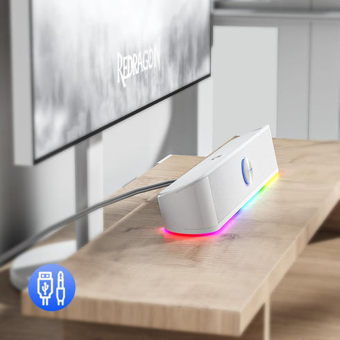 Redragon GS560 RGB Desktop Soundbar, 2.0 Channel Computer Speaker with Dynamic Lighting Bar, USB Powered, White