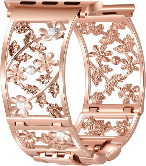 Floral Band Compatible with Apple Watch, Bling Crystal Bracelet, 42mm 44mm 45mm 46mm 49mm, Cute Women Wristband