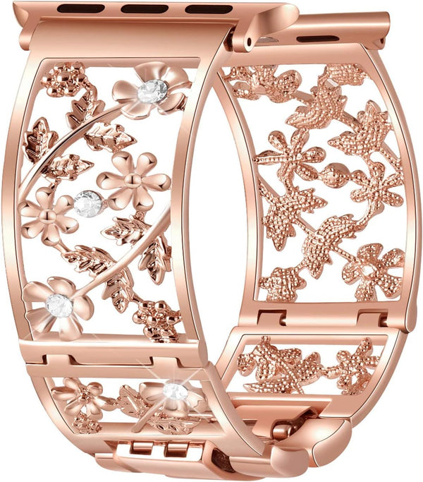 Floral Band Compatible with Apple Watch, Bling Crystal Bracelet, 42mm 44mm 45mm 46mm 49mm, Cute Women Wristband