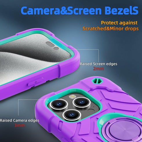 KCJ Tough Rugged Heavy Duty Case for iPhone 15 Pro (6.1") - Purple+Mint with 2× Screen Protectors & Ring Stand.