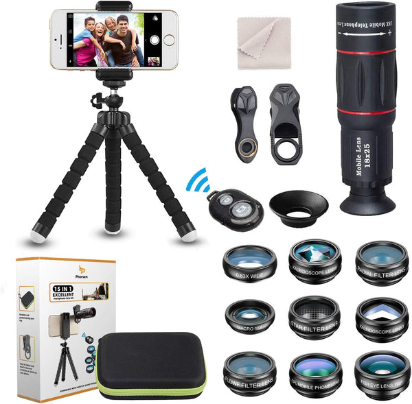 15 in 1 Universal Phone Camera Lens Kit, 18X Telephoto, Wide Angle, Macro, Fisheye, CPL/Flow/Star/Radial Filters