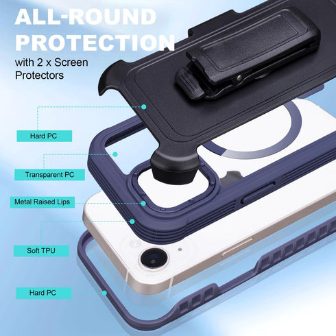 yowtrey 13 2 13 Defender for Clear iPhone Case with Belt Clip Holster + Screen Protectors, Compatible with MagSafe