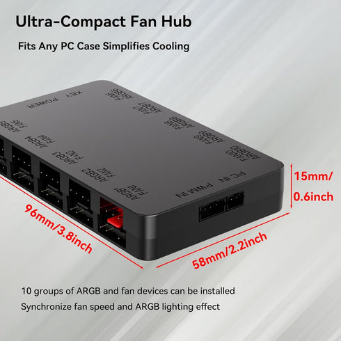 GSCOLER 10-Port 5V/3PIN 10 ARGB & PWM Fan Hub Controller - Magnetic Mount RGB PC Fan Hub with Remote Control, Chassis