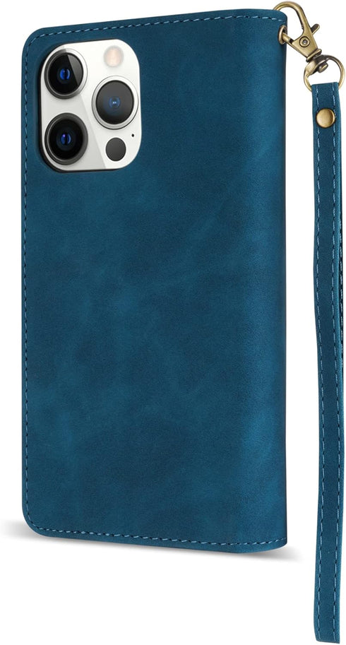 ZZXX iPhone 12 Case Wallet with Card Slot - Premium Soft PU Leather Zipper Flip Folio, Blue 6.1 inch