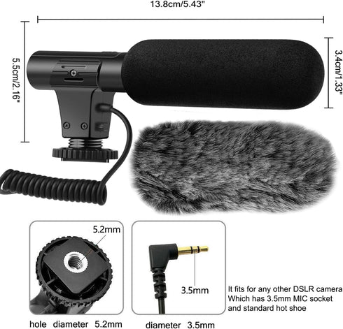3.5mm (1/8") Camera Microphone, Video Microphone for DSLR Close Interview Shotgun Mic for Canon Nikon Sony Fuji Mic