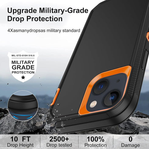 Annymall iPhone 13 Case (Black Orange) - Heavy Duty 3-Layer Shockproof Cover + 2 Screen Protectors for 6.1" Apple