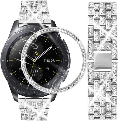 Dsytom Compatible with Samsung Galaxy Watch 42mm Band, 20mm Jewelry Watchband & Bezel Ring Cover (Silver)