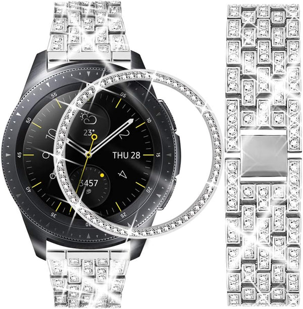Dsytom Compatible with Samsung Galaxy Watch 42mm Band, 20mm Jewelry Watchband & Bezel Ring Cover (Silver)