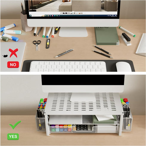 gianotter White Monitor Stand Riser, Desk Organizer with Drawer and Pen Holder, 2-Tier Computer Stand