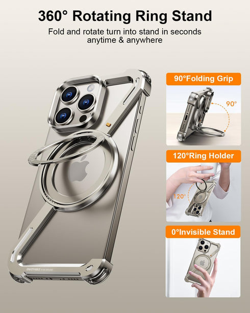 Z Case for iPhone 15 Pro Max, Frameless with MagSafe Kickstand, 360° Rotatable, Ultra Thin Metal Hard Case