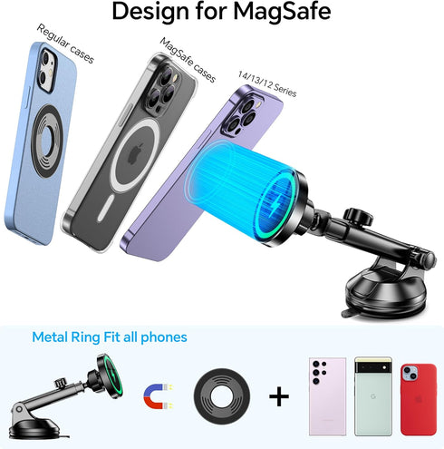 iPhone MagSafe Car Mount Charger, Wireless Charger Mount with Magnets & Suction Cup for iPhone 15 Pro Max 14 13 12