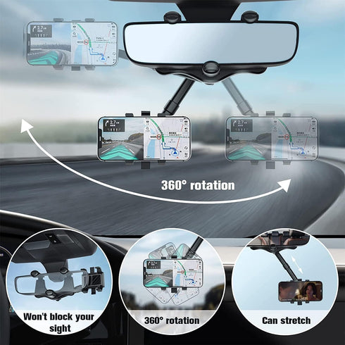 Maxicea Phone Holder for Rear View Mirror, 360° Adjustable Car Mount for Phone and GPS Holder