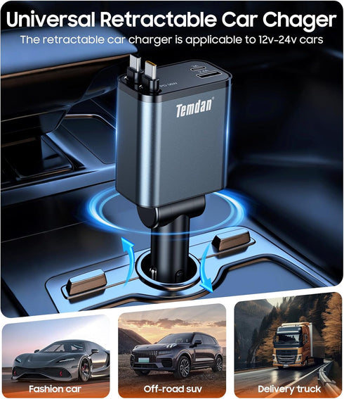 Temdan 69W 4 1 17 Retractable Car Charger, in Fast Charger USB C Car Truck Accessories for Men Women, Car Accessories