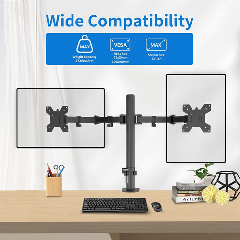H&C(hcck&Cllassp) 17-27 17.6lbs, Dual Monitor Mount, Monitor Arm with Swivel, Tilt, Rotation, Height Adjustable, VESA