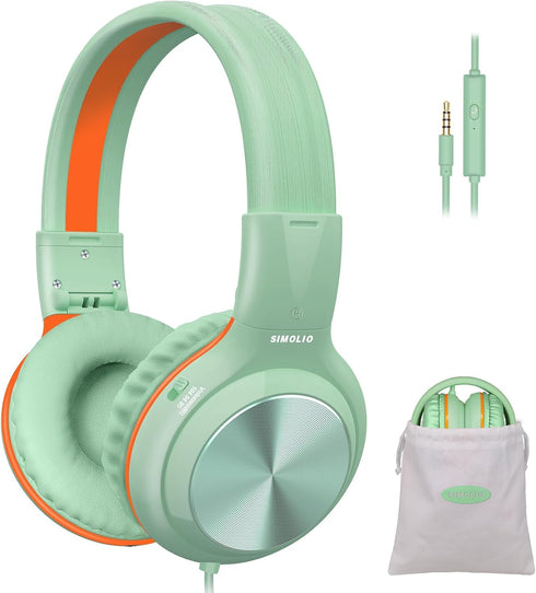 SIMOLIO Kids Headphones with Cord - Wired Headphones with Microphone, Volume Limited for School Travel (Green)
