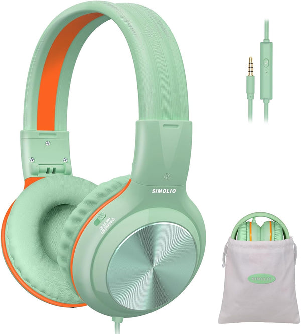 SIMOLIO Kids Headphones with Cord - Wired Headphones with Microphone, Volume Limited for School Travel (Green)