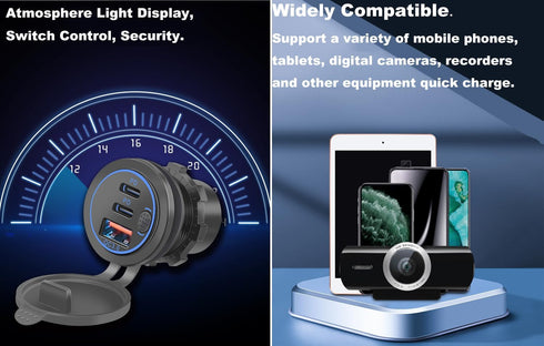 3 Ports 18W USB Car Charger with Switch - 12V-24V QC 3.0 USB & Dual PD USB C Cigarette Lighter Socket, Waterproof