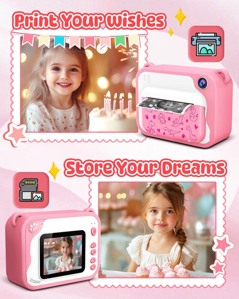 Kids Camera Instant Print 1080p, Dinosaur Toddler Camera, Ink Free Printing for Kids Aged 3-12, Gifts (Pink)