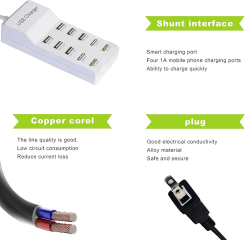 USB Charger, 100W Charging Station with 10-Port (6 USB-A & 2 USB-C) Compatible with iPhone 15/14/13/12/11