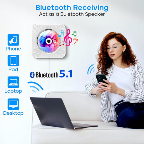 Wall CD Player with Speakers, ROADOM Bluetooth CD Player for Home, Hi-Fi Stereo Sound, Remote Control, White