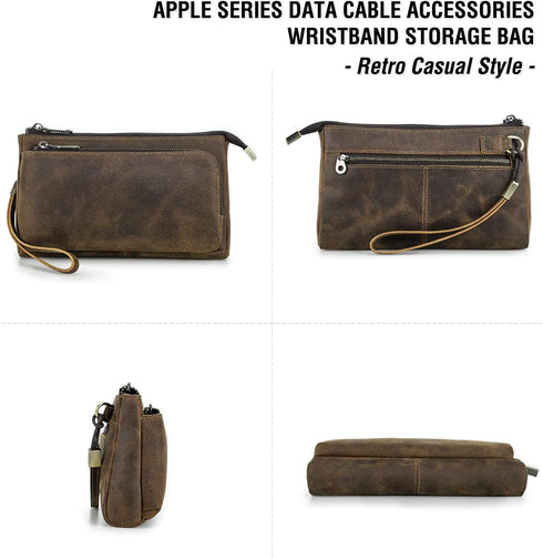 Portable Compact Travel Tech Kit, Electronic Organizer Zipper Bag, Handmade Top Grain Leather Pouch Fits Phone, USB