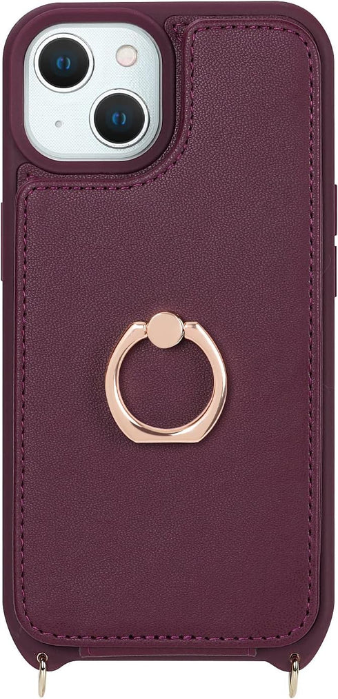 iPhone 15 Case with Card Holder and Strap for Women, Crossbody Lanyard, Stand Ring Kickstand, Phone Wallet Cases 6.1