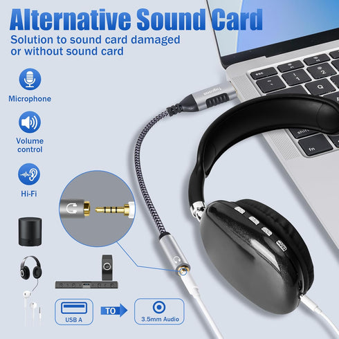 USB 3.0 Male to 3.5mm TRRS Female Headphone Jack Adapter, USB-A to Aux Audio Dongle Cable, 0.6 Feet