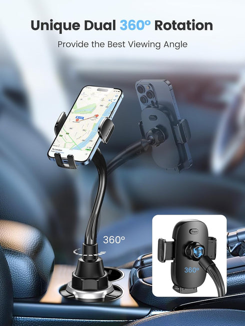 Zewwen 360 16 Max/15/14/13/12/11, S25/S24/S23/S22, 4-7 Car Phone Holder, Dual Rotate Gooseneck Cup Holder Phone Mount