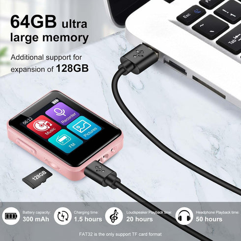 woolynew 1.8 inch 64GB MP3 512GB HiFi Portable Music Player, Equipped with Bluetooth Sport Player, FM Radio, Recording