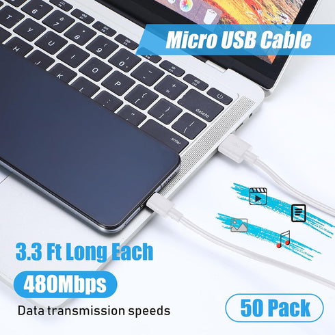 Kanayu 50 Pcs Micro USB Cable Bulk, 3.3 Ft Fast Charging Cable, Compatible with Samsung Galaxy S7, S6 Edge, Kindle, PS4