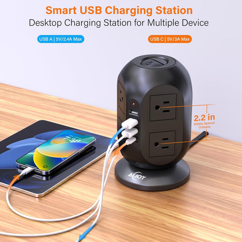AiJoy 8 4 Ports(1 10 Surge Protector Power Strip Tower with Outlets USB USB-C), FT Flat Extension Cord with Multiple