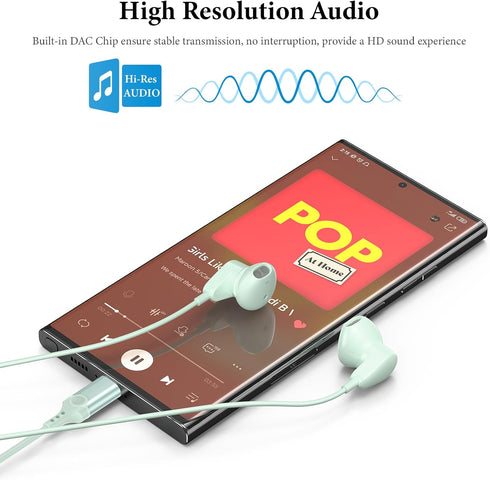 USB C Headphones for iPhone 15 Plus iPad 10th/Pro,USB Type C Earphones Stereo USB C Wired Earbuds with Mic Volume Control for Samsung S24 Ultra S23 S22 S21 FE A53 Z Flip Fold,Pixel 7a 6a Pro 5,Green