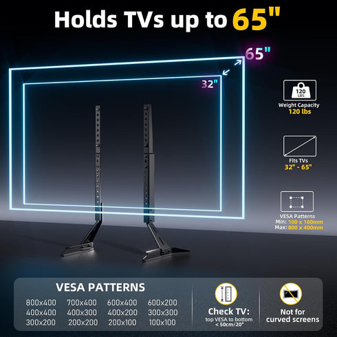 KAMIWI Legs-7 32"-65" 800x400mm 120 LBS Universal TV Stand Base Replacement,Metal TV Level Height Adjustable,Desktop TV