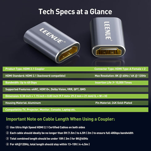 LEENUE 8K 1 Pack 2.1 8K@60Hz 4K@120Hz HDMI Coupler Female to Female Connector, HDMI Aluminum Adapter, Supports /