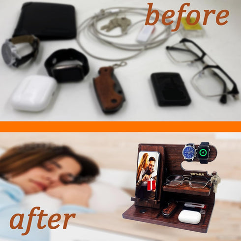 VEIYAILU Gifts for Men Women Brother Boss Boyfriend Him Nightstand Organizer Gifts for Dad from Daughter Son Wood Phone