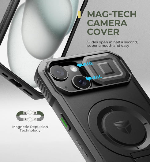 Dexnor 15 Cover,6.1 inch,Black for iPhone Case with Slide Camera Cover & Adjustable Kickstand, Compatible with MagSafe