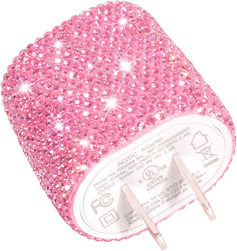 USB Wall Charger Bling 5V/2.4A 24W Dual Port Fast Charger Plug Cell Phone Block Adapter Pink for iPhone Android Samsung