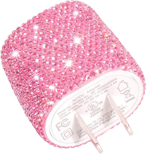 USB Wall Charger Bling 5V/2.4A 24W Dual Port Fast Charger Plug Cell Phone Block Adapter Pink for iPhone Android Samsung