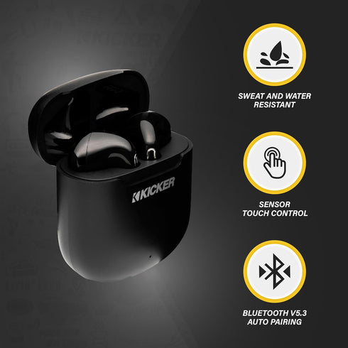KICKER TWS1 True Wireless Earbuds, Bluetooth Earbuds with Microphone, Fast-Charging Case, 20 Hours Playtime