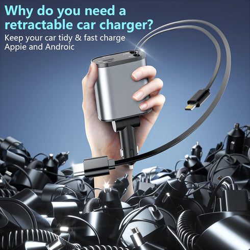 Retractable Car Charger, 4 in 1 Fast Car Phone Charger 120W with 2.7Ft Cables and 4 Electronic Ports for iOS & Android